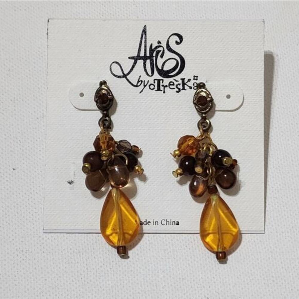 Aris by‎ Treska Amber Brown Beaded Cluster Teardrop Dangle Post Earrings New